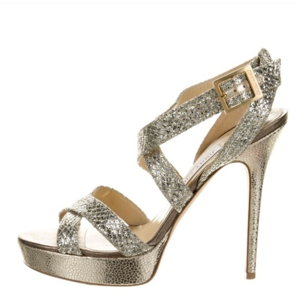 Jimmy Choo Glitter Gold Platform Heels Strappy Sandals Size 37.5 - Picture 1 of 9